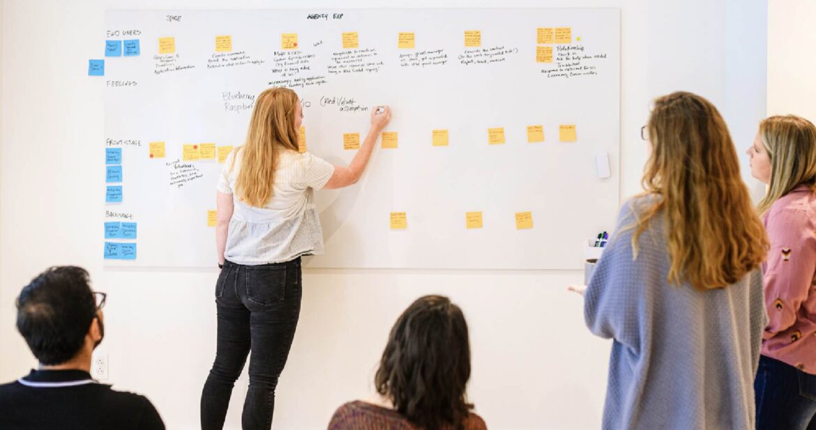 Image of several people gathered to work on a UX plan on a board