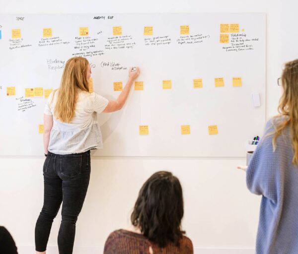 Image of several people gathered to work on a UX plan on a board