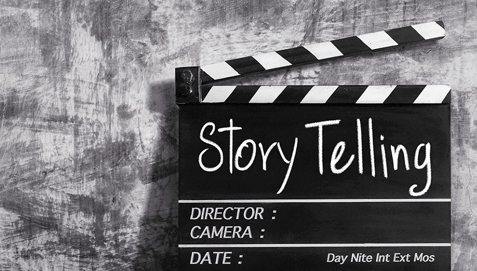 Claqueta en blanco y negro con mensaje de story telling