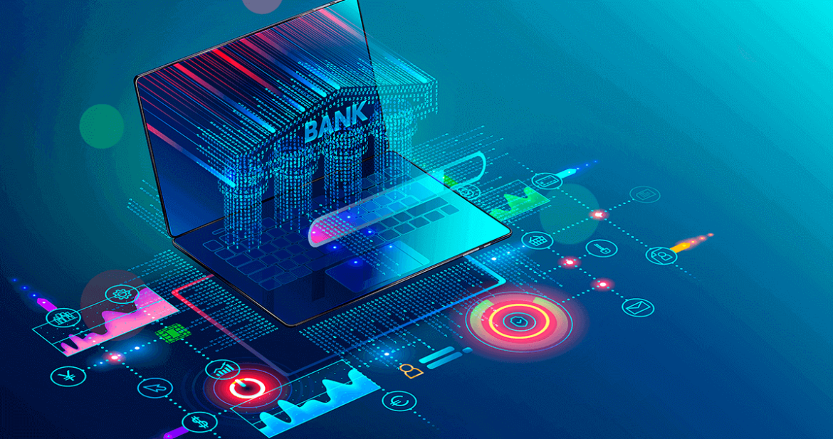 Hologram image of a bank projected from a laptop computer