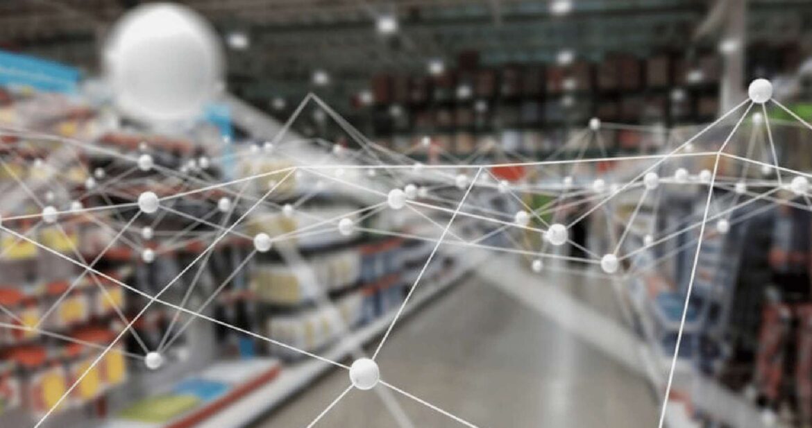 Holographic image of atoms on a photo of a retail
