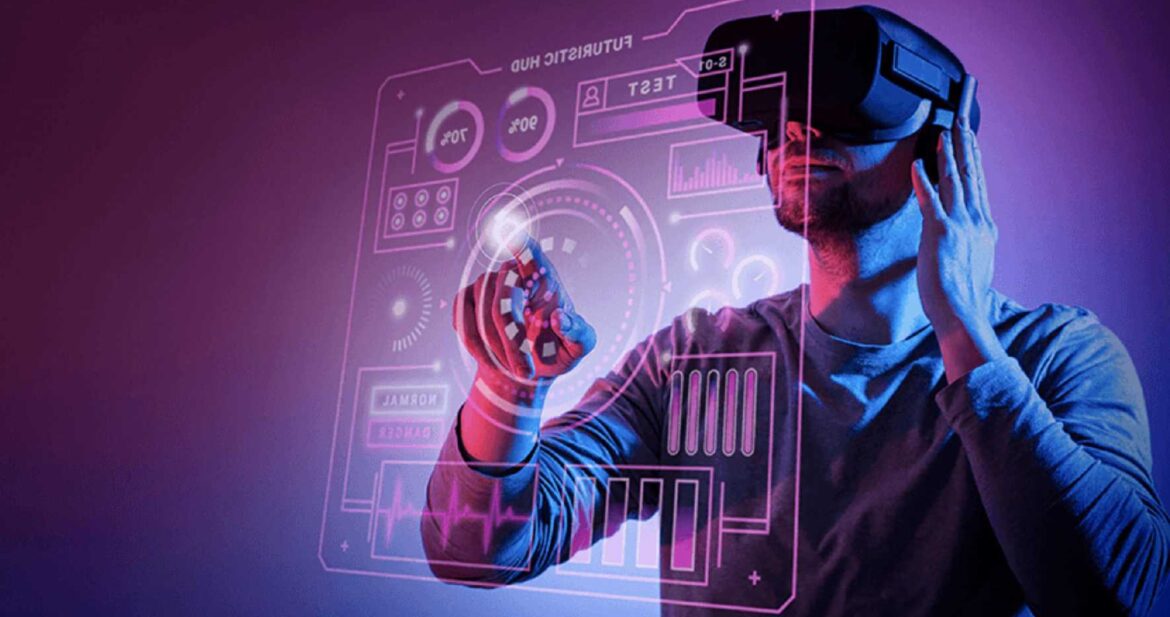 Man wearing VR glasses interacting with a holographic display