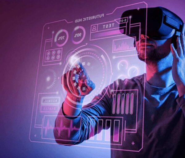Man wearing VR glasses interacting with a holographic display