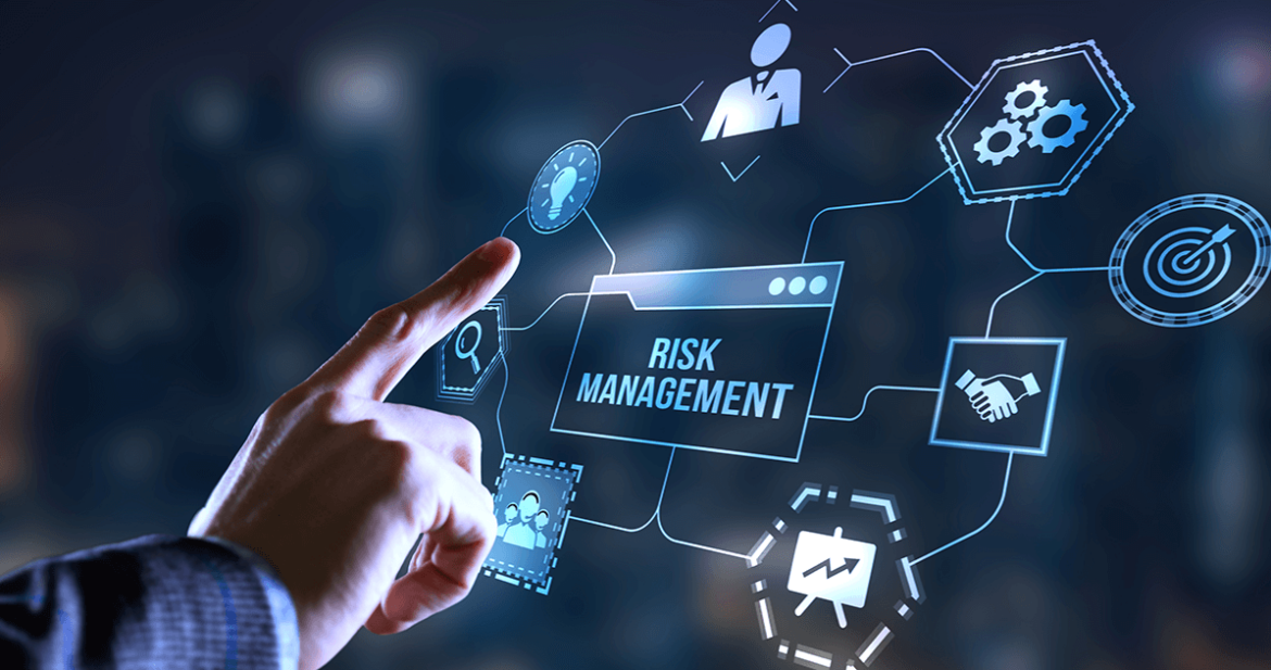 Image of an index finger interacting with a risk management hologram