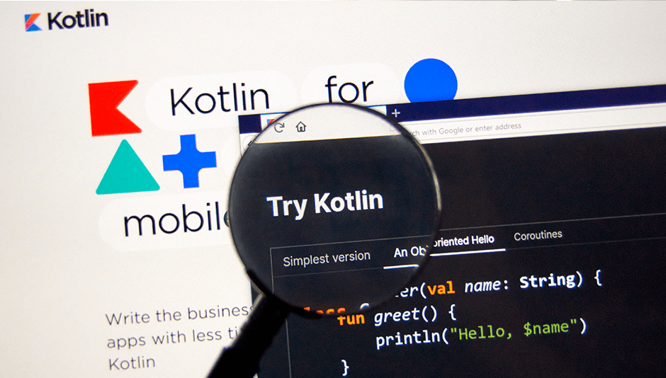 Image of a computer screen with zoom in of Kotlin
