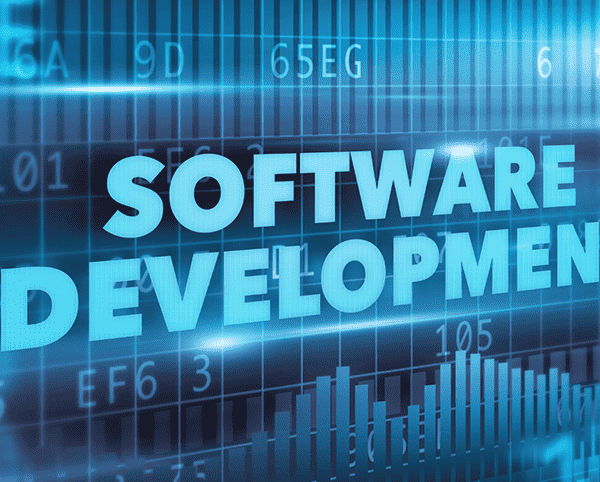 Software development holographic technological image with a blue background