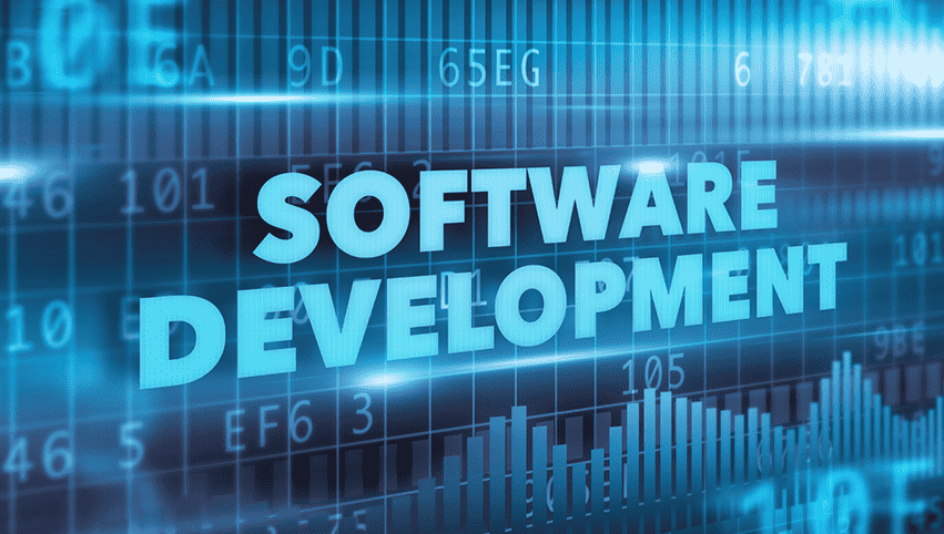 Software development holographic technological image with a blue background