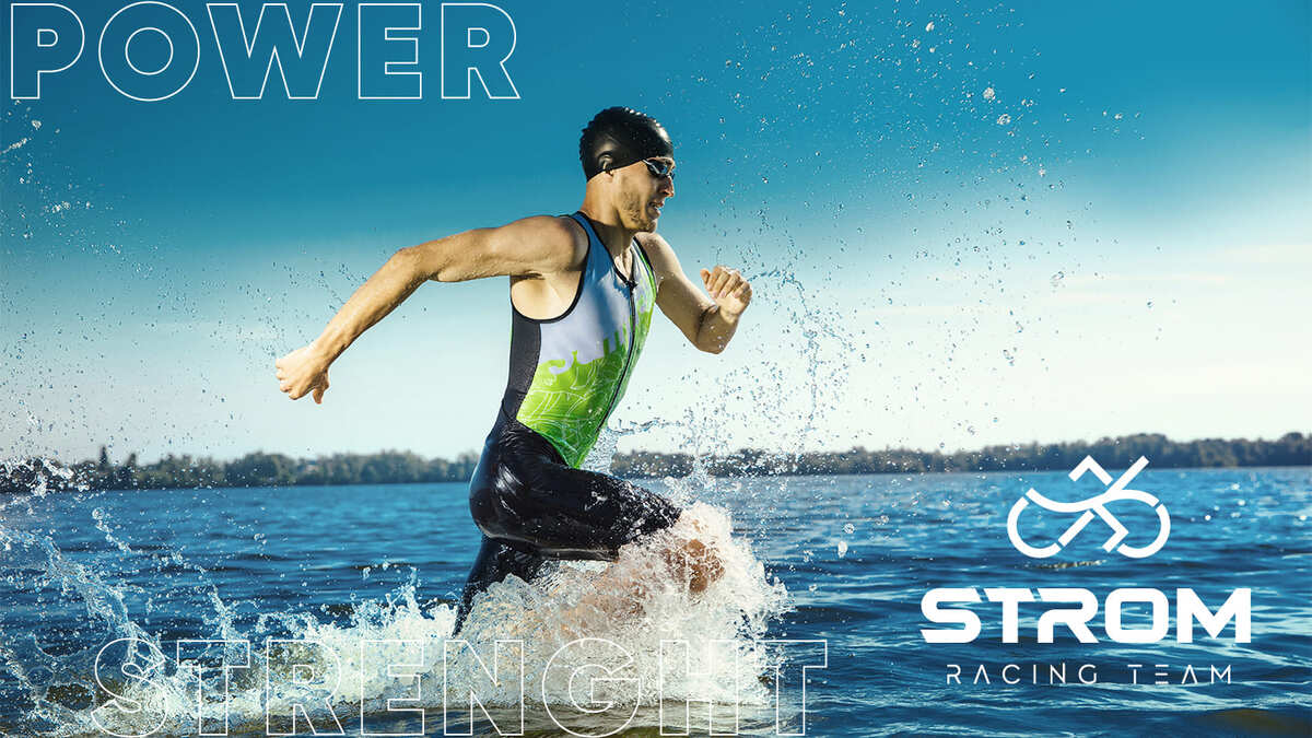 Triathlete running in the sea with the logo of Ström Racing Team next to