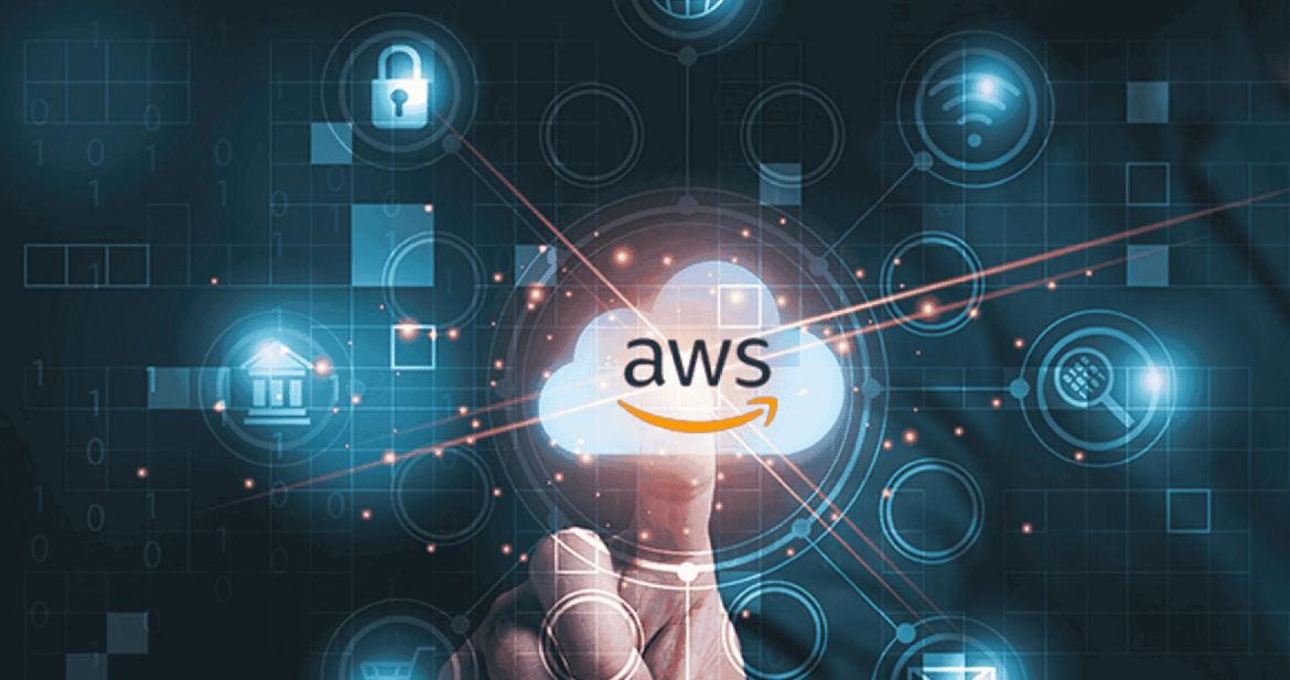 Image of a person's index finger interacting with a hologram of the amazon logo