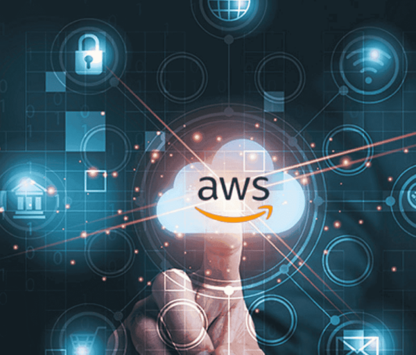 Image of a person's index finger interacting with a hologram of the amazon logo