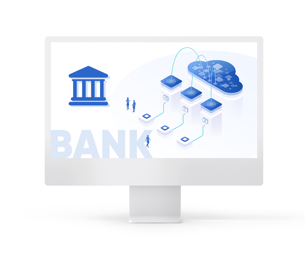 Computer screen with a bank and cloud holographic icon
