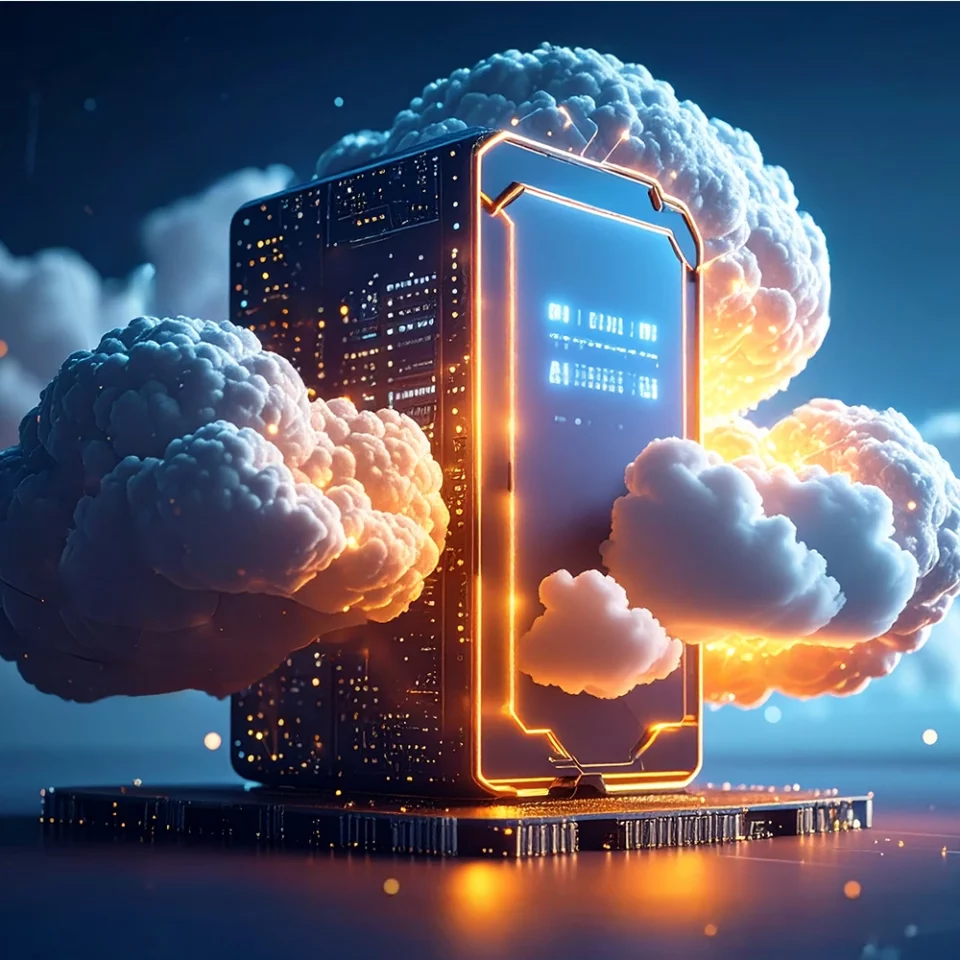 Migration-bank Imagen creada con IA de una infraestructura de TI rodeada por una nube