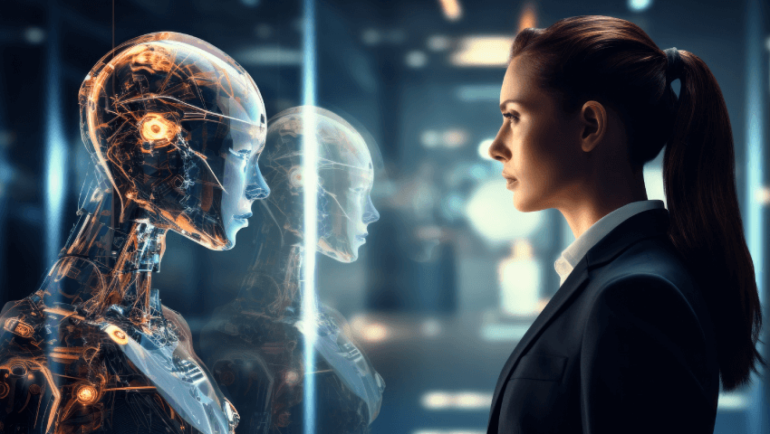 AI image of a robot and a human looking each other