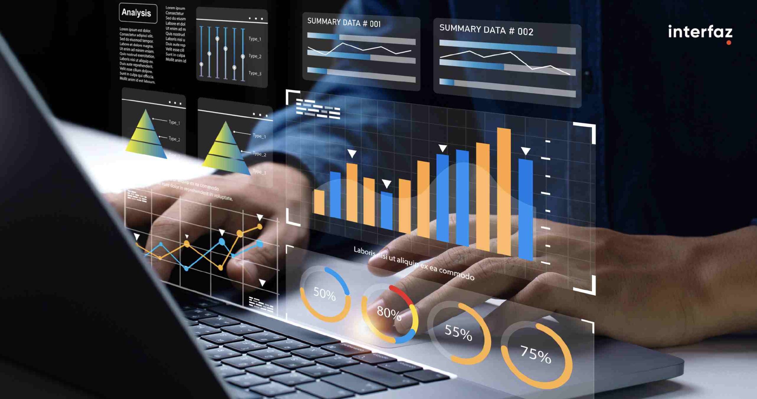 Hands on a laptop interacting with data holograms