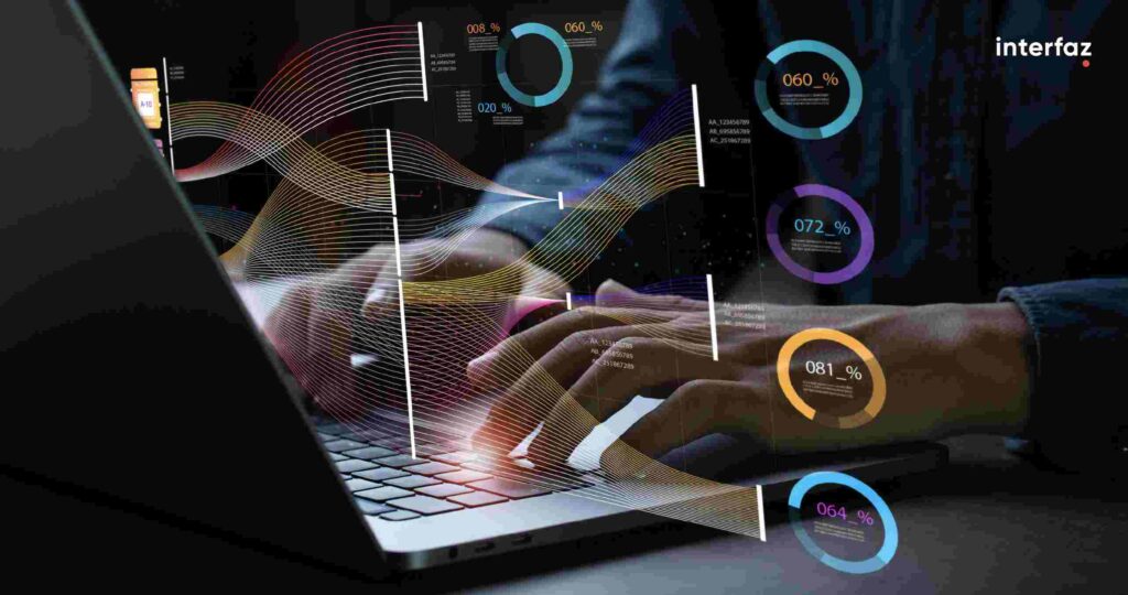 Man working on a laptop interacting with data holograms