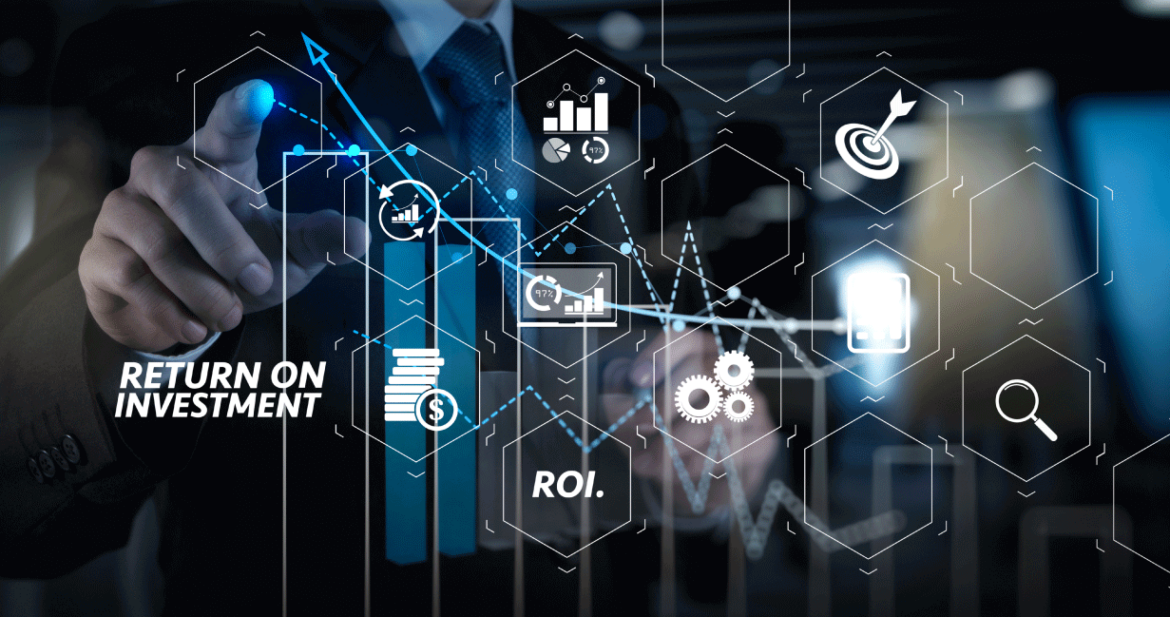 Holographic image of an executive interacting with ROI lettering
