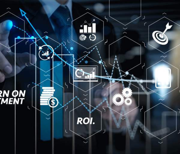 Holographic image of an executive interacting with ROI lettering