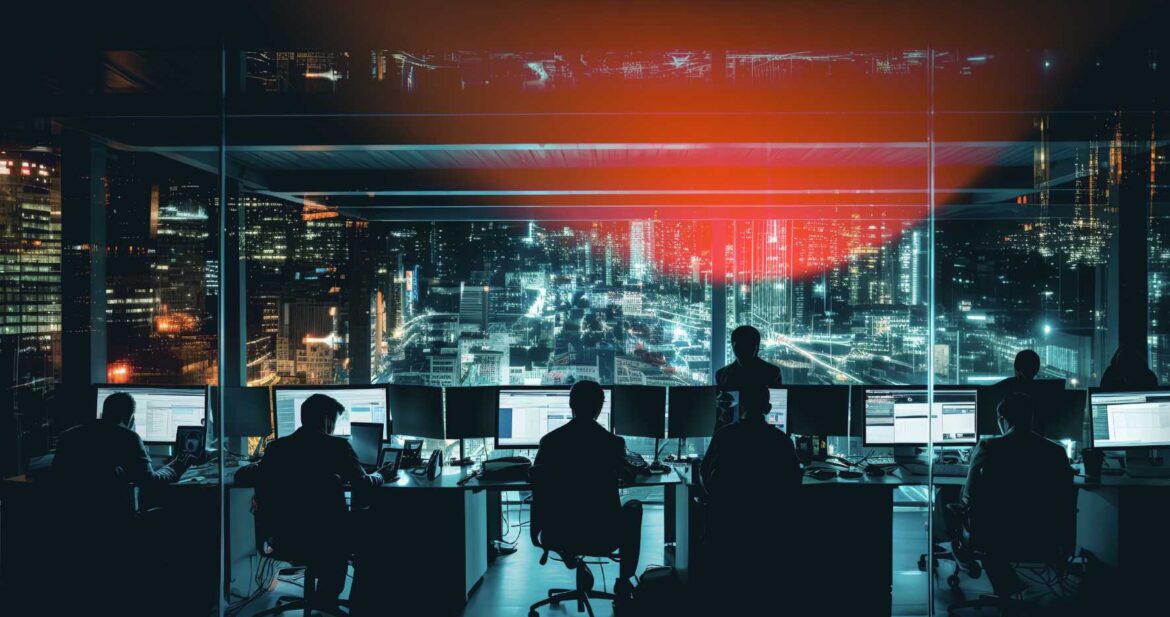 Image of executives working in an office with a panoramic view of the city