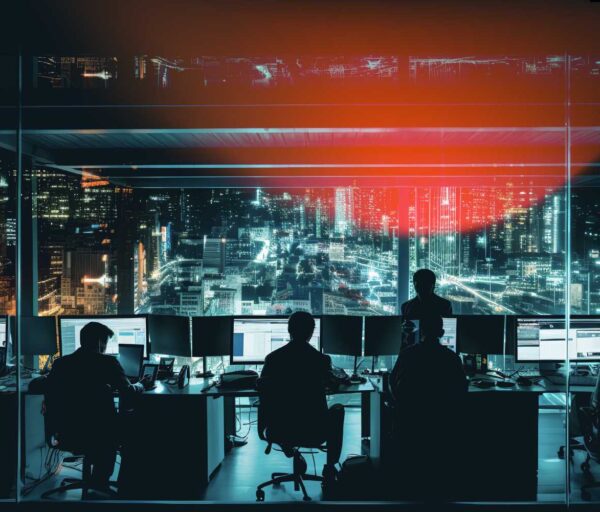 Image of executives working in an office with a panoramic view of the city