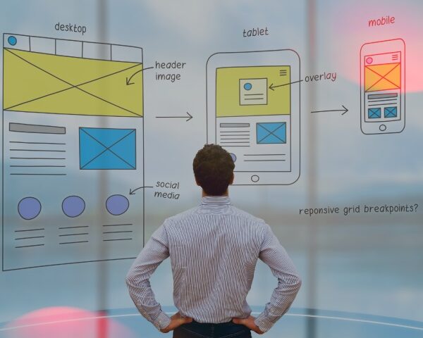 Person from behind watching a responsive design hologram