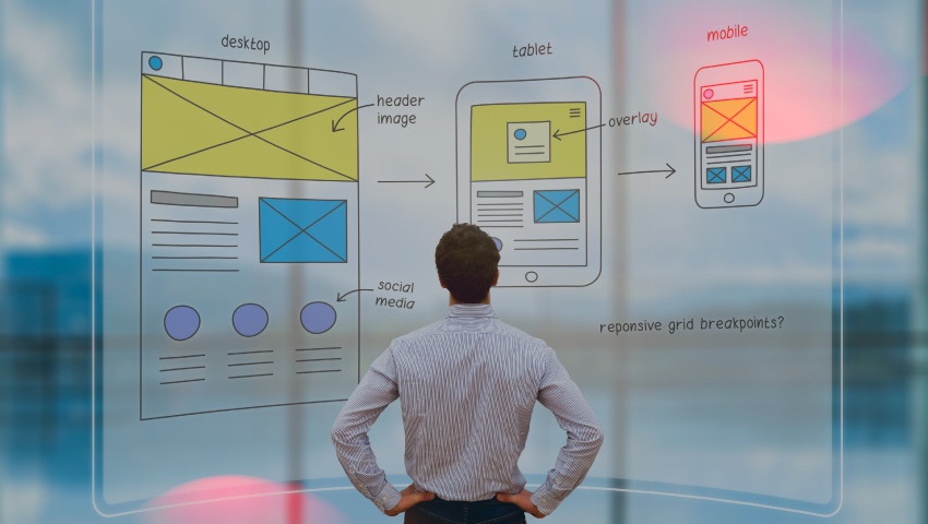 Person from behind watching a responsive design hologram