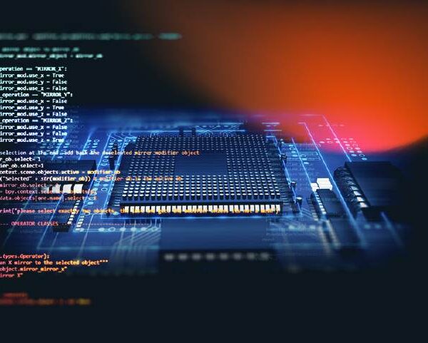 Close-up of a computer chip with software development codes