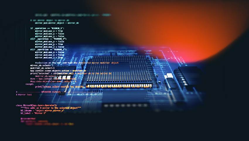 Close-up of a computer chip with software development codes