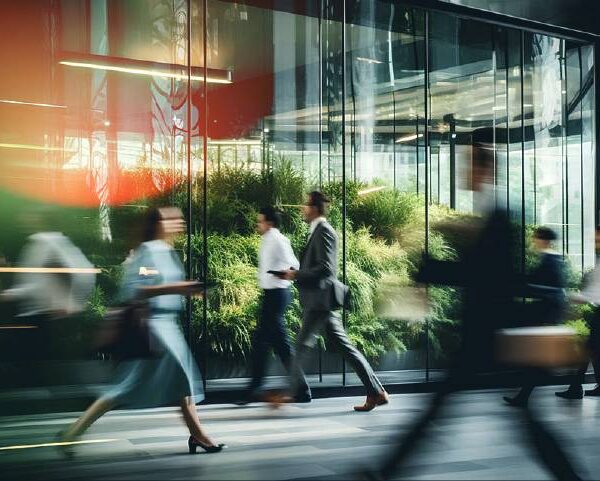 People with a blur effect walking in a sustainable office