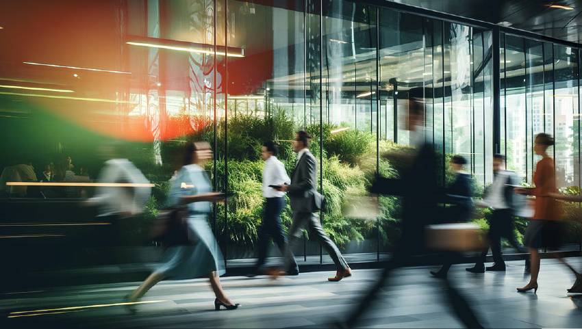 People with a blur effect walking in a sustainable office