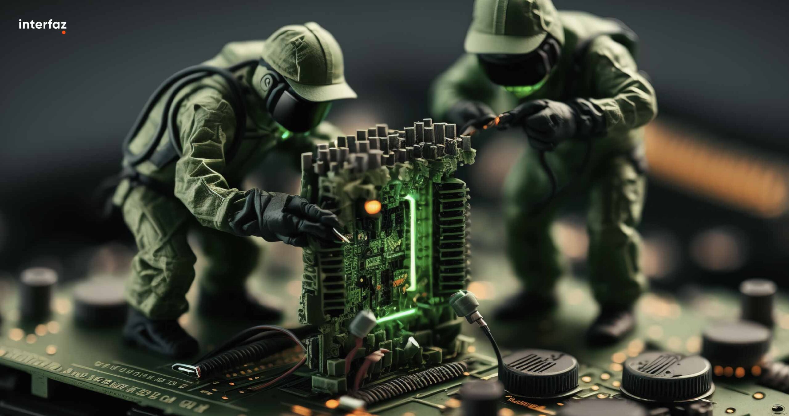 Two technician figurine doing maintenance on a computer motherboard. 