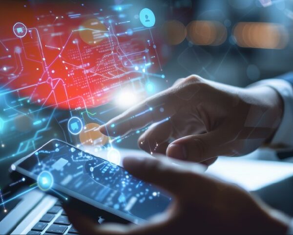 Digital technology, businessman use internet for Global network connection