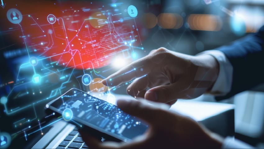 Digital technology, businessman use internet for Global network connection