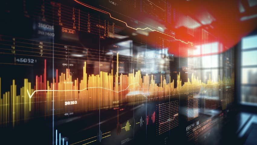 Close-up of a digital screen displaying financial stock market data with graphs and analytics, illustrating market trends and investment analysis
