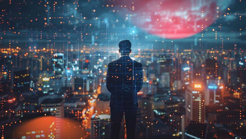 Businessman with smartphone, overlaid with cityscape and technology icons