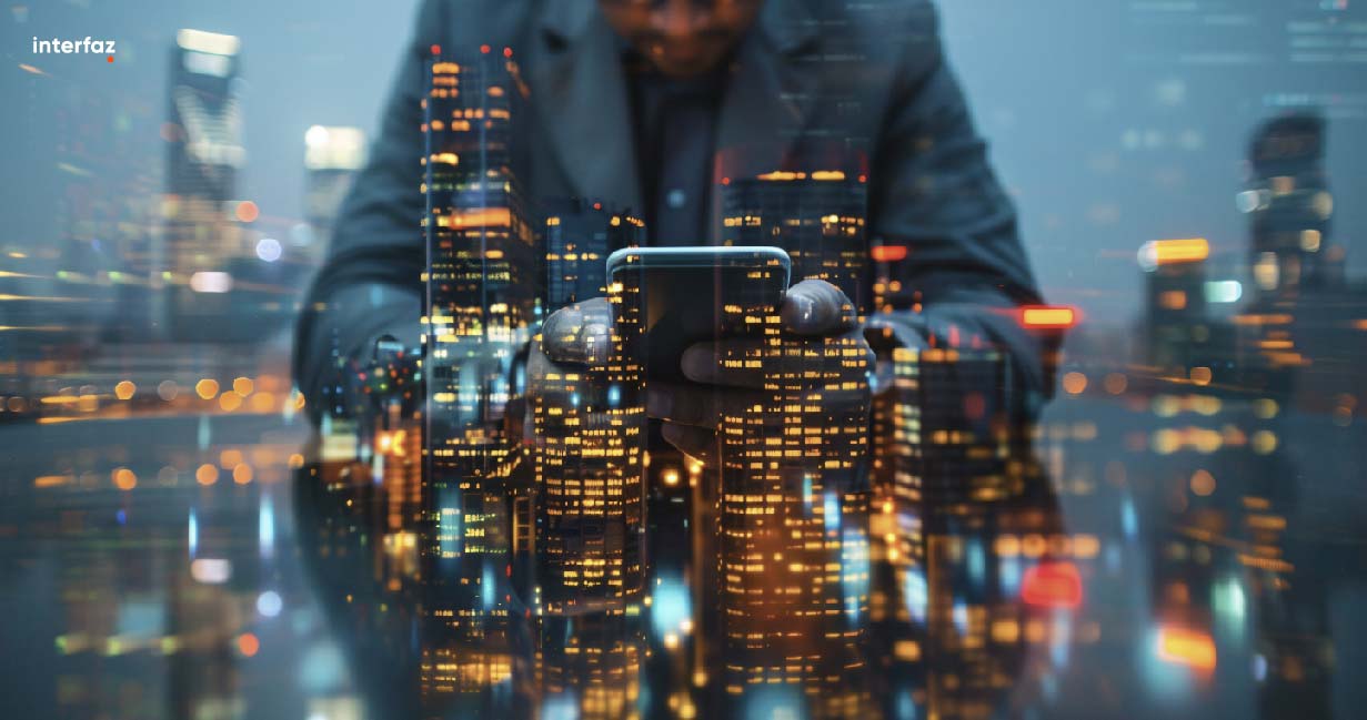 Businessman using smartphone with digital cityscape overlay, highlighting technology and innovation
