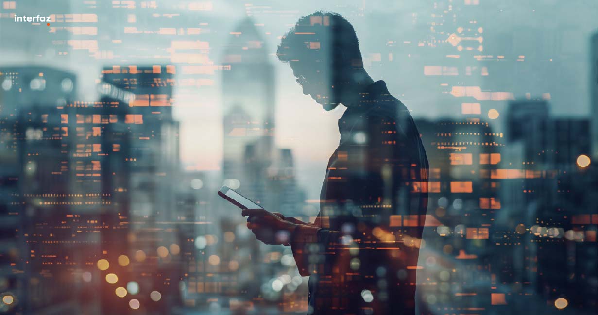 Businessman using smartphone with digital cityscape overlay, highlighting technology and innovation