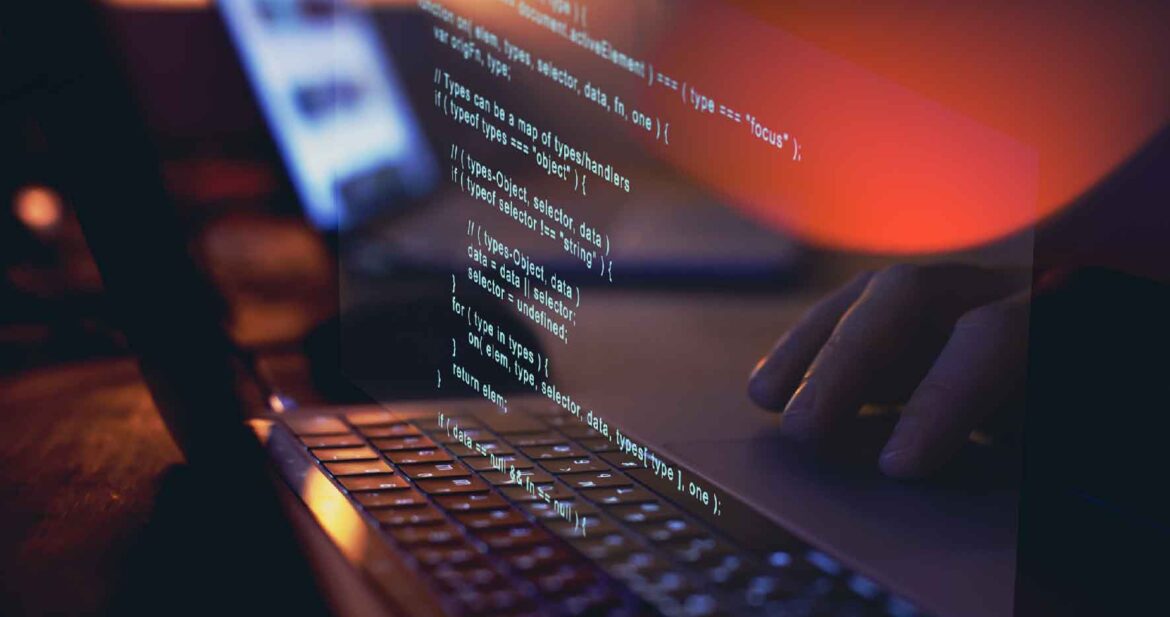 Programming code writing, software coding developing, hands typing computer script