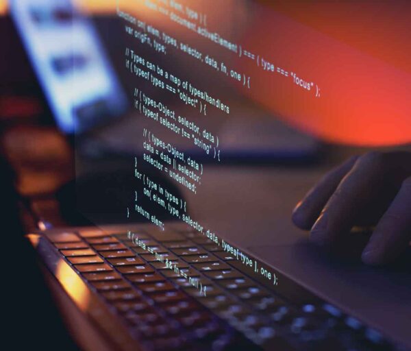 Programming code writing, software coding developing, hands typing computer script