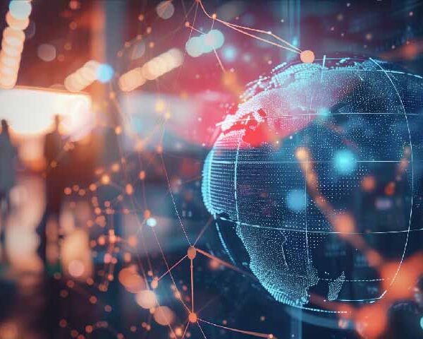 Global business network digital technology data exchange concept.