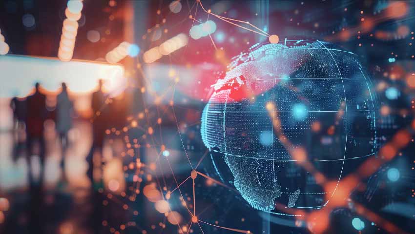 Global business network digital technology data exchange concept.