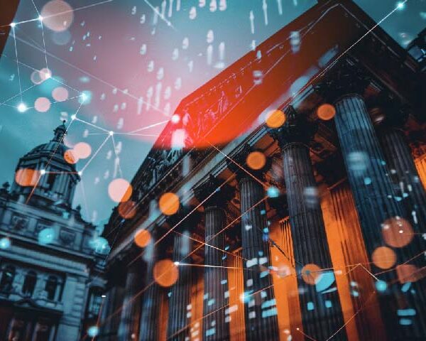Double exposure of virtual creative financial diagram on bank facade