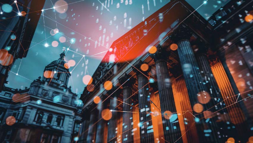 Double exposure of virtual creative financial diagram on bank facade