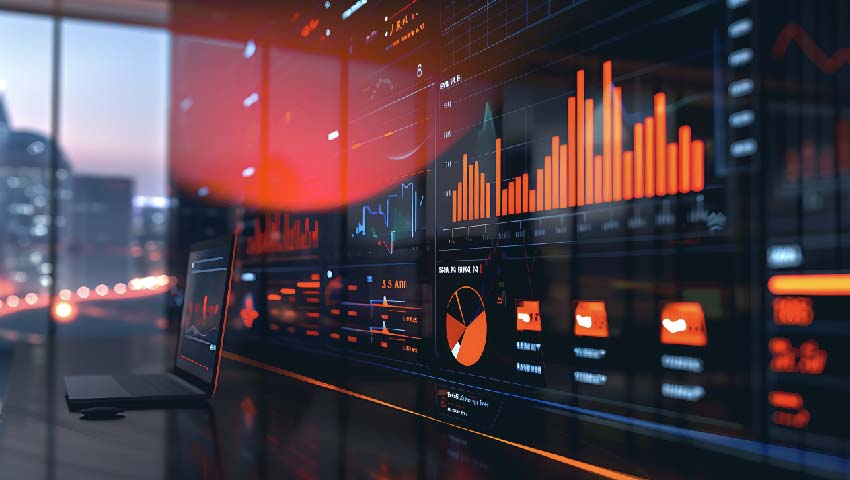 Digital Dashboard with Business Success Indicators and Growth Charts in Modern Office