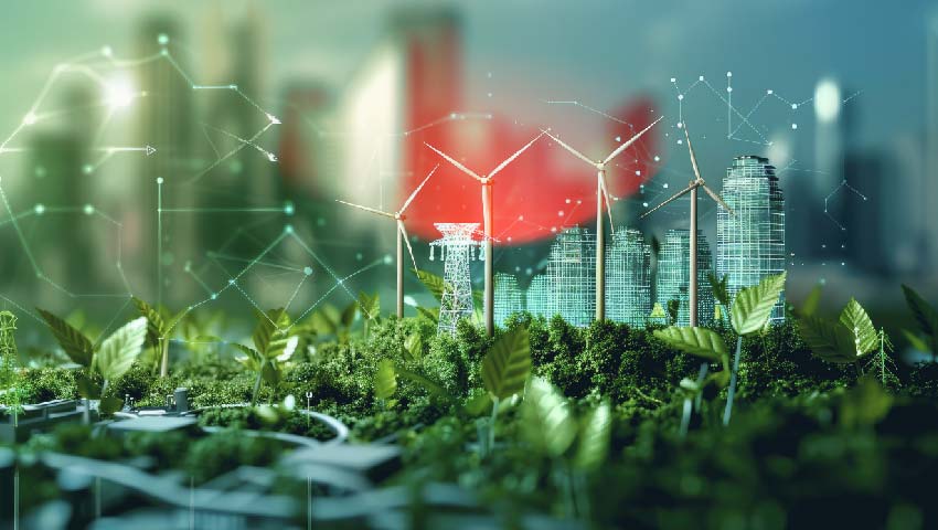 Sustainability theme, side view, emphasizing eco-friendly economics