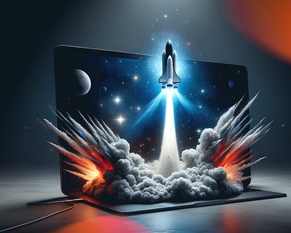 rocket taking off and coming out of a laptop