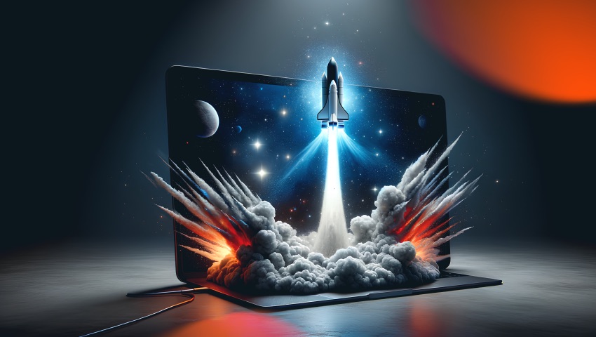 rocket taking off and coming out of a laptop