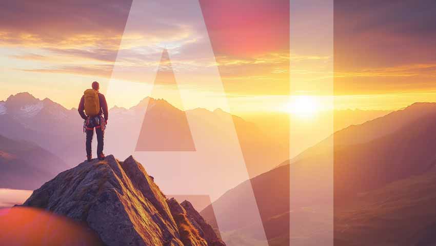 Business leader in the top of a mountain looking to the horizon with AI credit