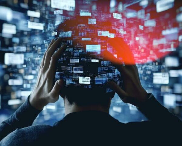 Stressed person in front of multiple screens
