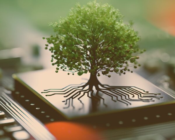 Green tree on computer chip, technology meets nature, circuit board, roots resembling wires, blending, environmental tech