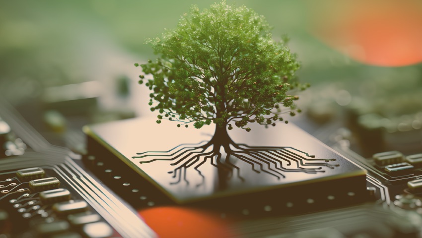 Green tree on computer chip, technology meets nature, circuit board, roots resembling wires, blending, environmental tech